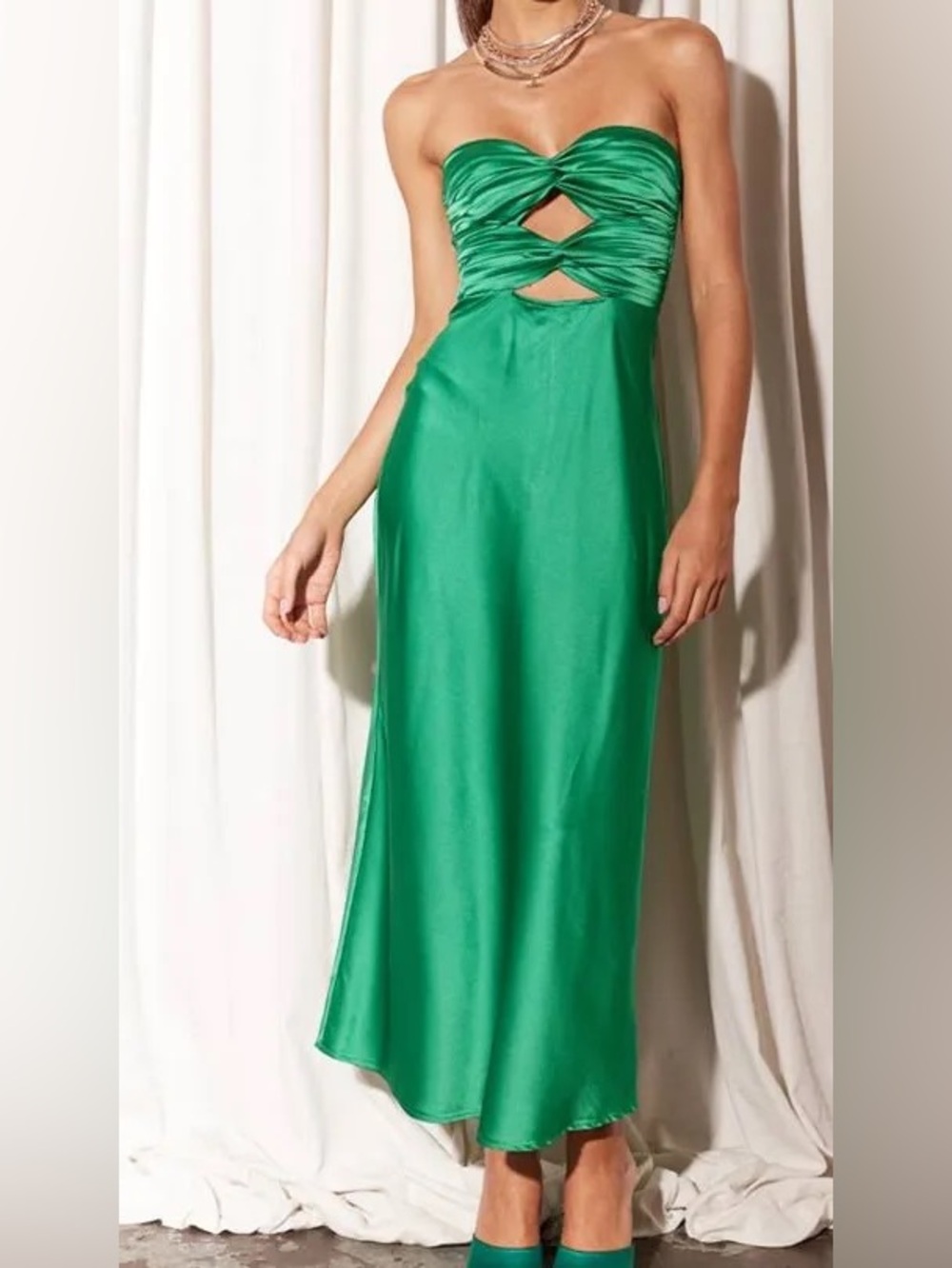 RNWY the Label Emerald Green Twist Front Cutout Slip Dress